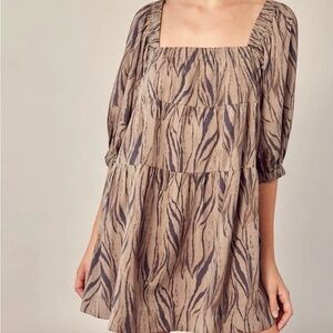 MUSTARD SEED | Animal Zebra Print Mocha Ruffle Off Shoulder Mini Dress Small